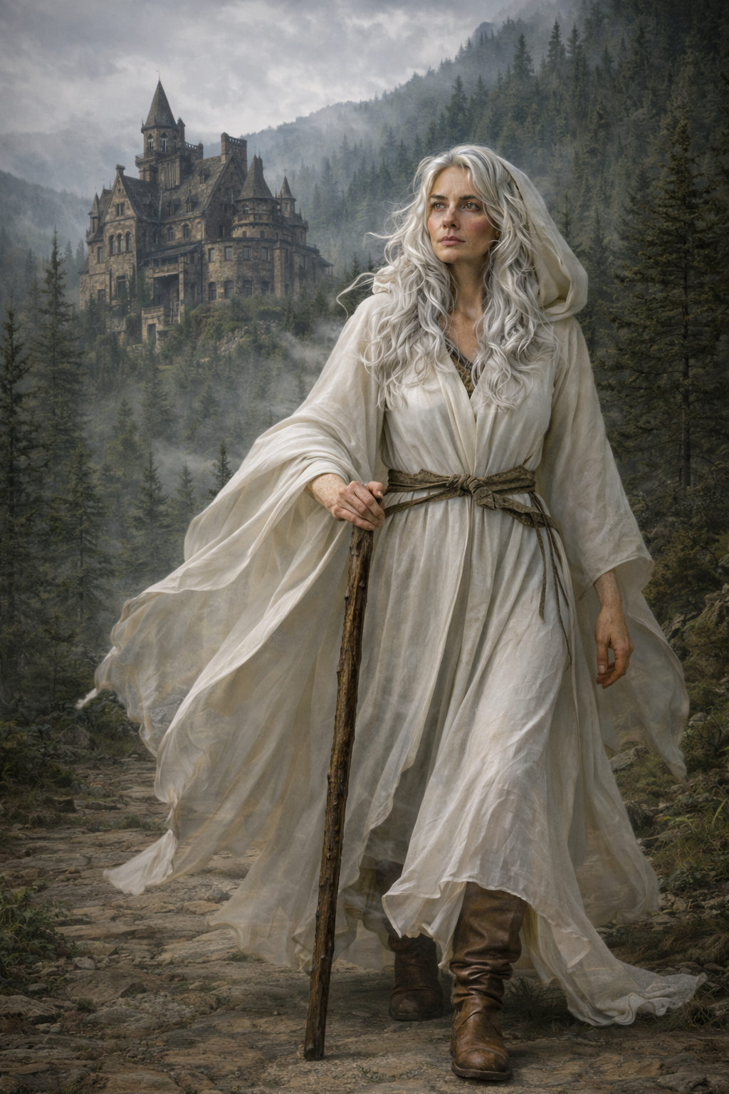 Eliana walking with her staff on a forest road, a castle rising behind her
